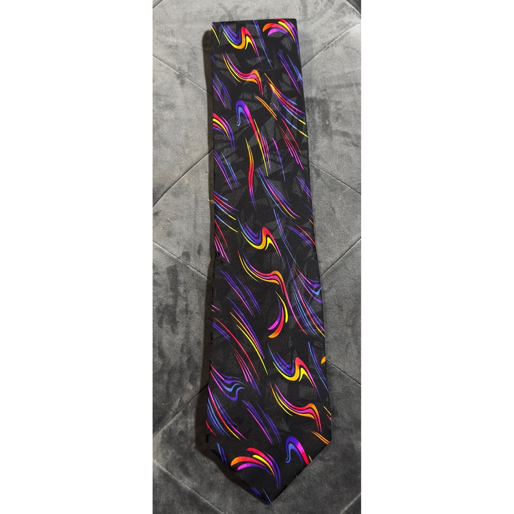 Vitaliano Pancaldi Italy Silk Tie Black Neon Abstract Swirl Geometric Luxury